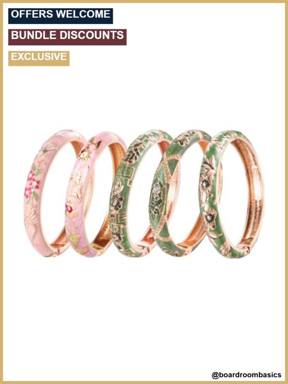 5 Pc Enamel Cloisonne Bangle Set Rose Flower Engraved Gold Plated Bracelets